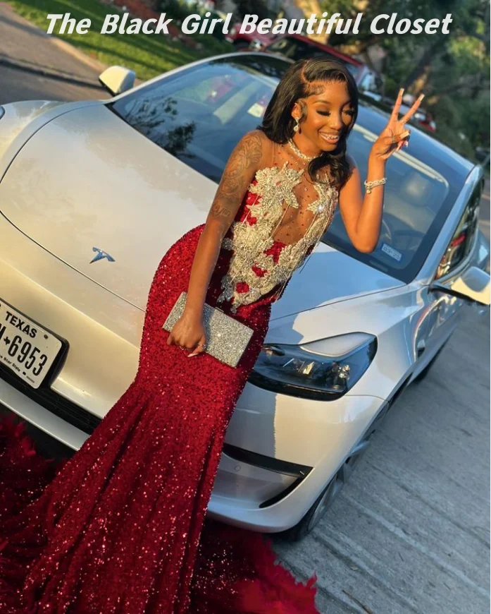 Sparkling Red Prom Dresses 2024 Black Girls Deep v Rhinestone Sequins Tassel Embellished Formal Gowns Feather Swing Dresses