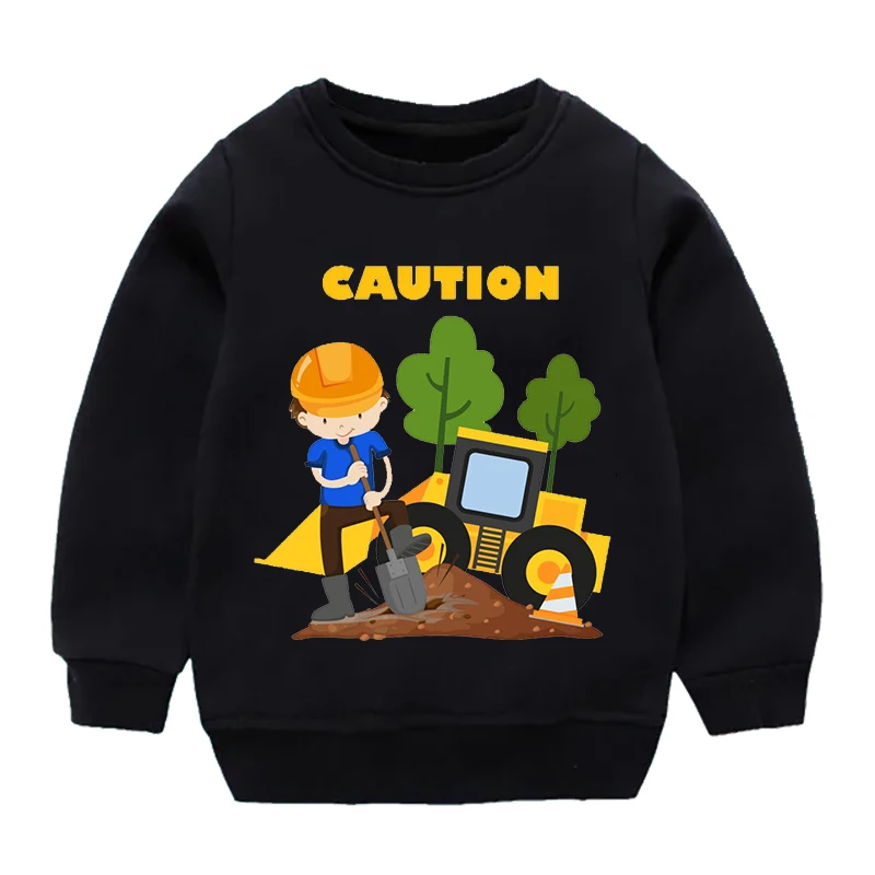 Road Work Caution Print Sweatshirts Girls Boys Cartoon Bulldozer Pullover Kids Solid Color Sweatshirt 3-6T Children's Clothing