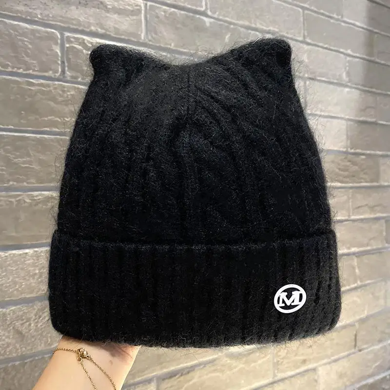 

Women Skullies Beanies Winter Hats Cute Cat Ear New Rabbit Fur Knitted Hat M Letter Girl's Outdoor Walking Bonnet Thicken Warm