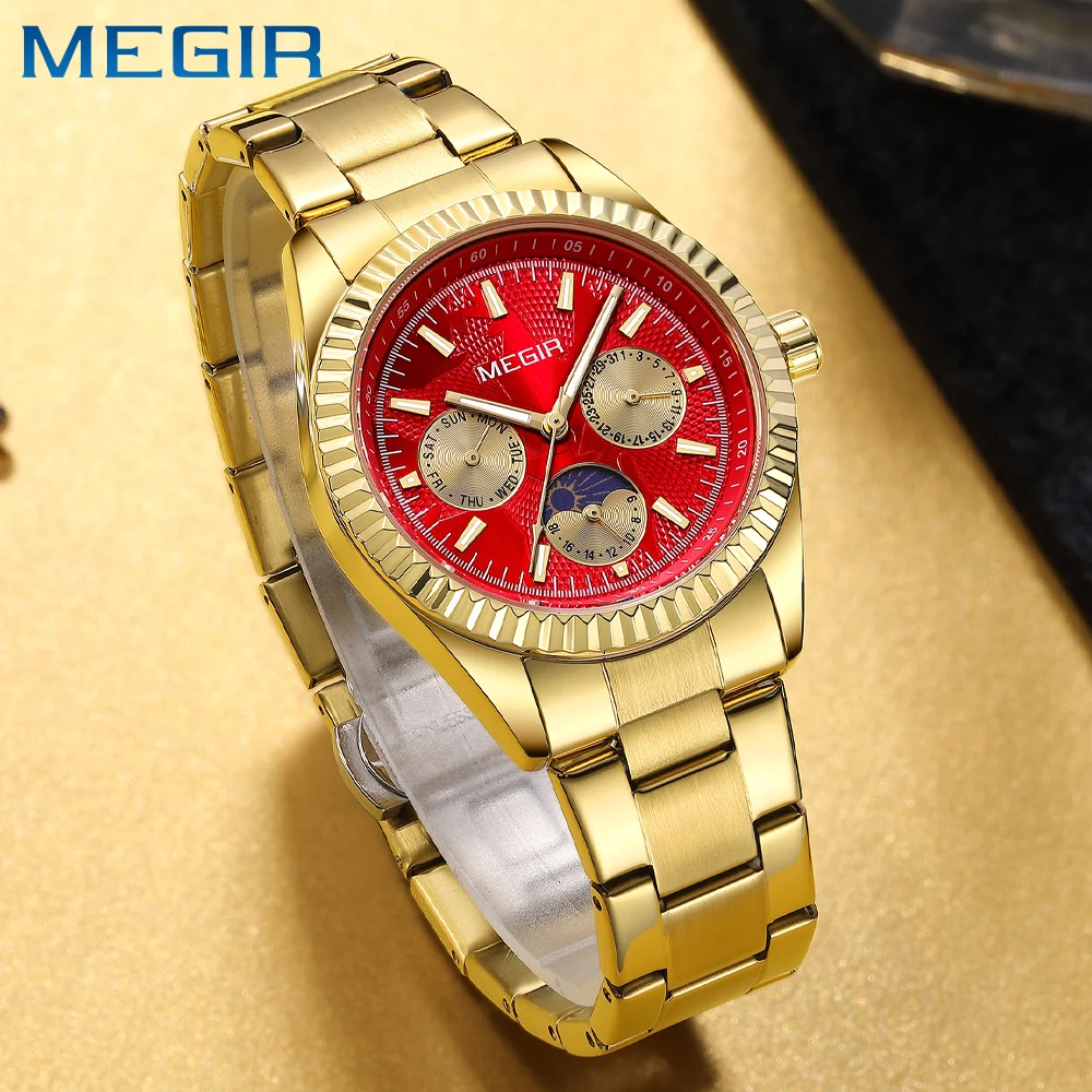 MEGIR Brand Phase Of The Moon Quartz Watch for Men Stainless Steel Waterproof Auto Date Fashion Luxury Dial Mens Wristwatch