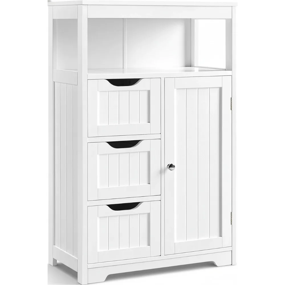 

Wooden Floor Cabinet with Door & 3 Drawers, Freestanding Storage Organizer for Bathroom Kitchen Living Room