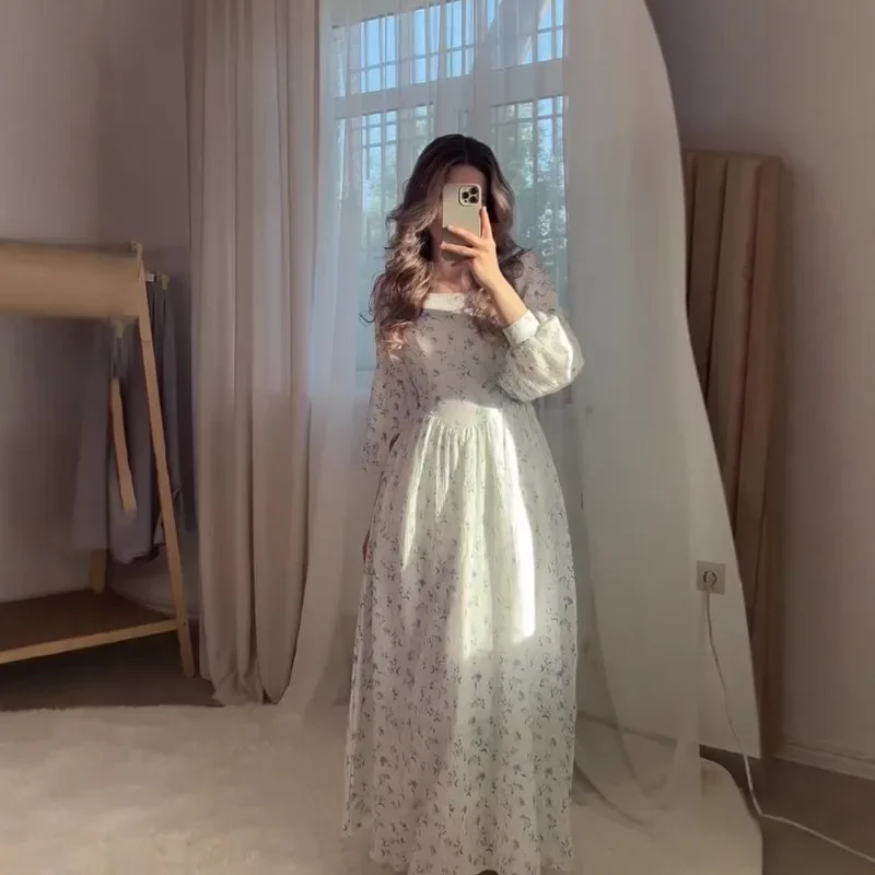 2025 New Floral Fairy Waist Square Neck Lace-up Long Dress Robe S9219