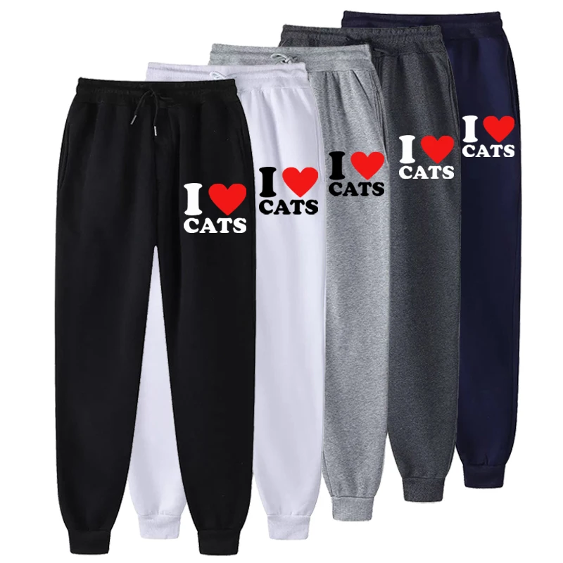 Hot Selling New Autumn Men\'s Sweatpants I Love Cats Print Long Pants Sports Leisure Fitness Training Pants Couple Clothes S-4XL