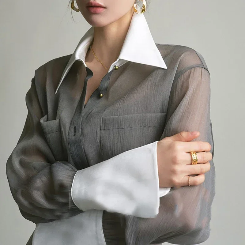 French Luxury Vintage Sheer Chiffon Shirt Women Grey Loose Fit Long Sleeve Blouse Contrast Collar Gold Button Elegant Tops 2025