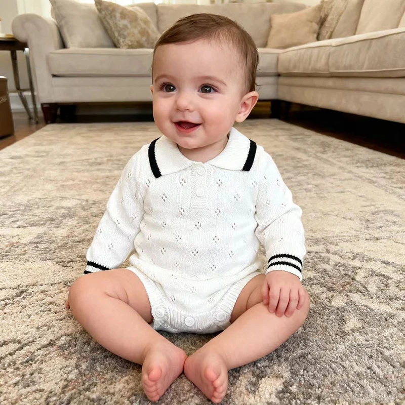 

Autumn Baby Knitting Jumpsuit Newborn Garment Knitted Lapel Single-breasted Romper Overalls Autumn Fashion Hollow-out Sweater