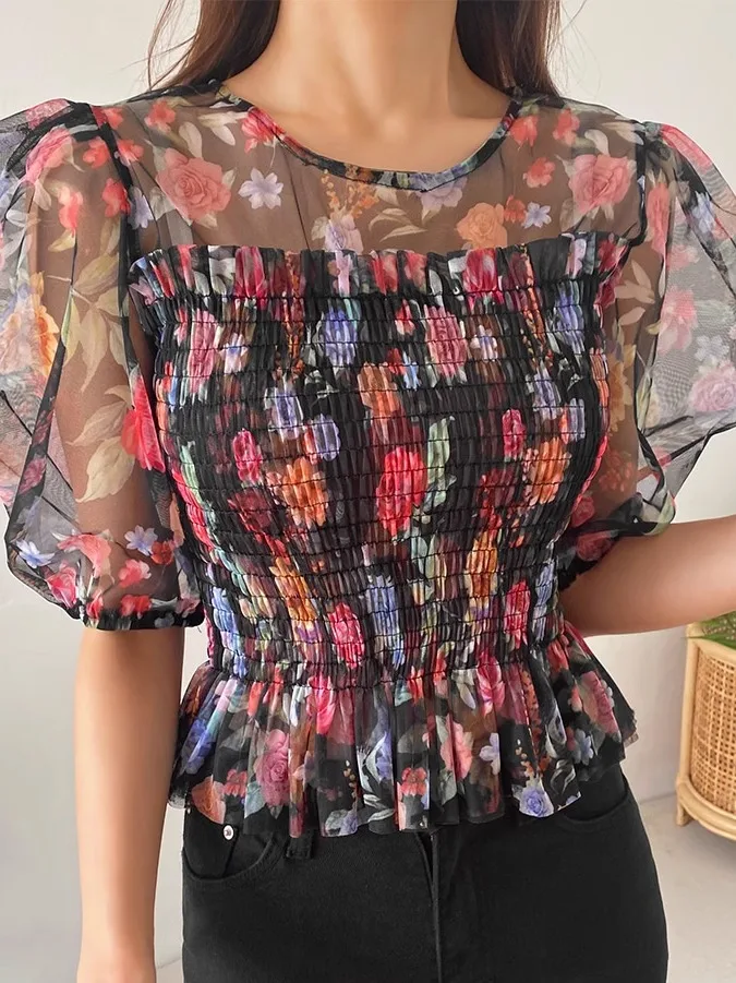 

Sicily Vine Bubble Sve irt Женский топ для подружки невесты с рюшами и кружевом из полиэстера с цветочным принтом ор Све круглый Ne с высокой талией, облегающий крой