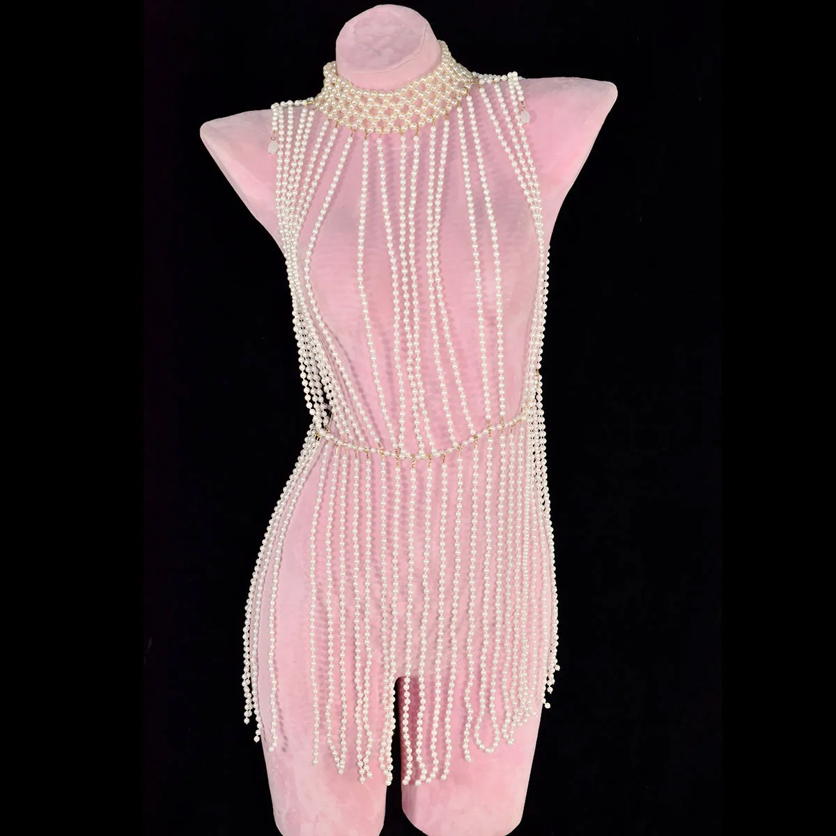فستان كلاسيكي طويل مزين باللؤلؤ الصناعي أنيق مصنوع يدويًا من نسيج الخرز إكسسوارات عرض مسرحي سلسلة جسم الحفلات #2