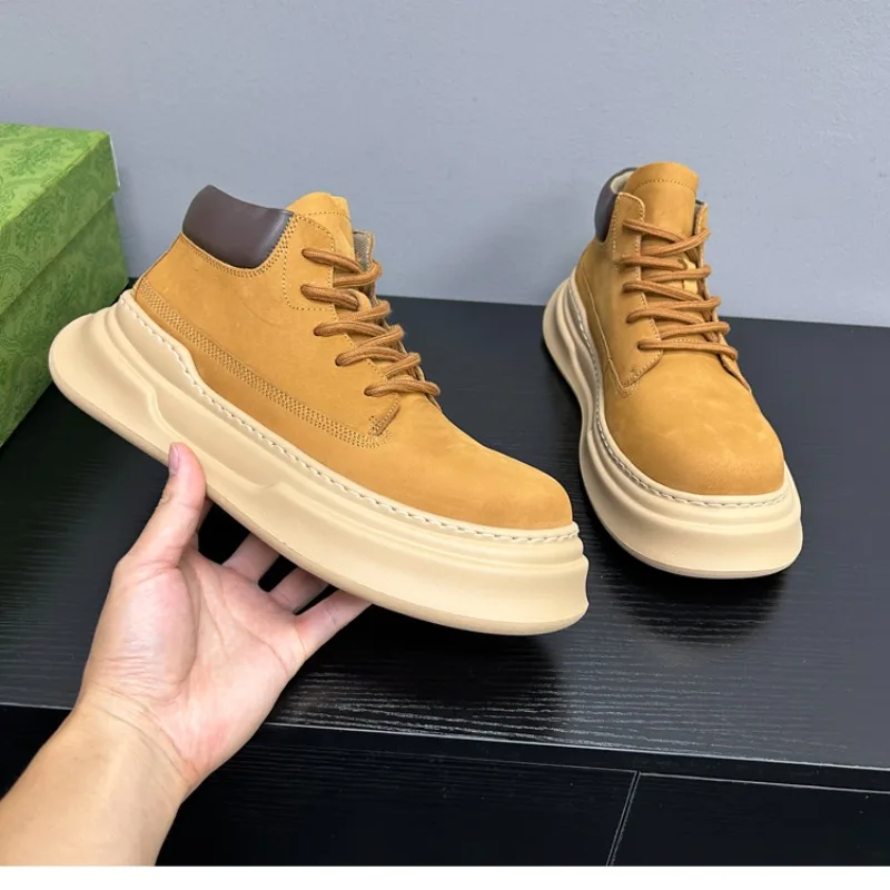 

American Style Cowhide Casual Motorcycle Sport Boots Men's Shoes High Top Thick Sole Chelsea Genuine Leather Work Ankle Boots