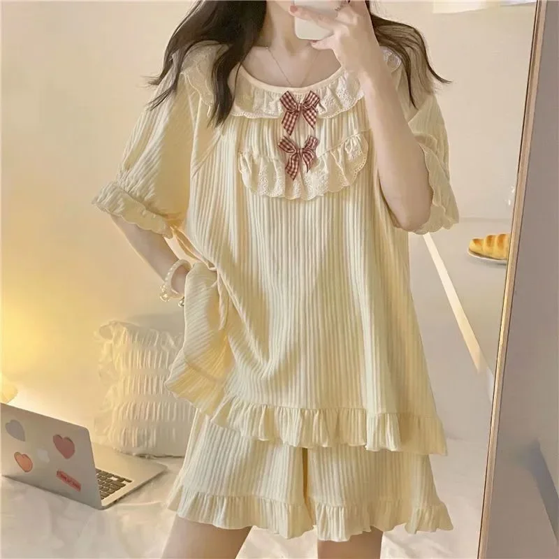 Female Spring Summer Long Short Sleeved Pajamas Loungewear Set Student Loungewear Palace Princess Style Sweet and Cute Loungewea