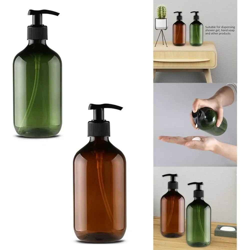 3PCS 300/500ml Empty Plastic Pump Bottle Lotion Dispenser Amber and Green for Shampoo Lotion Body Wash Refillable Containers