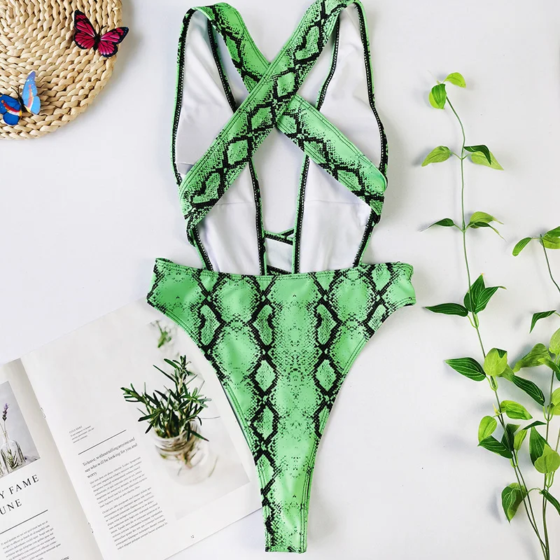 2025 New Sexy Snake Print Deep V Neck Monokini Women Backless Swimwear One Piece Swimsuit Female High cut Bathing Suit Swim Lady