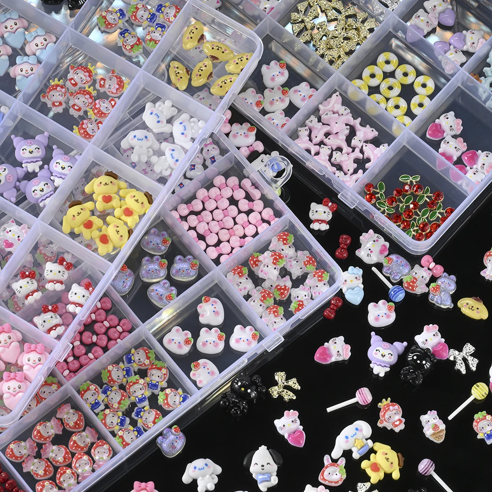 15 شبكة/صندوق مرحبا كيتي رسومات أظافر سحر الفراولة أرنب مرحبا كيتي Bowknot مسمار الزينة الراتنج هريرة Y2K مانيكير سحر #4