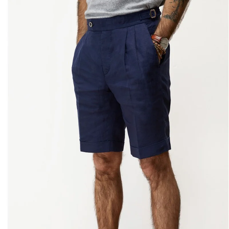 Summer Men's Naples Shorts Paris Buckle Retro Gentleman Linen Thin Cool Five-Point Pants Middle-Aged Workwear