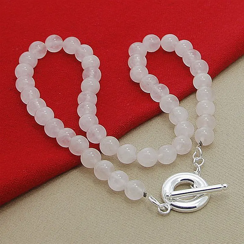 

925 Sterling Silver Pink Natural Crystal Bead Necklace To Clasp, Suitable For Men And Women To Wear Daily