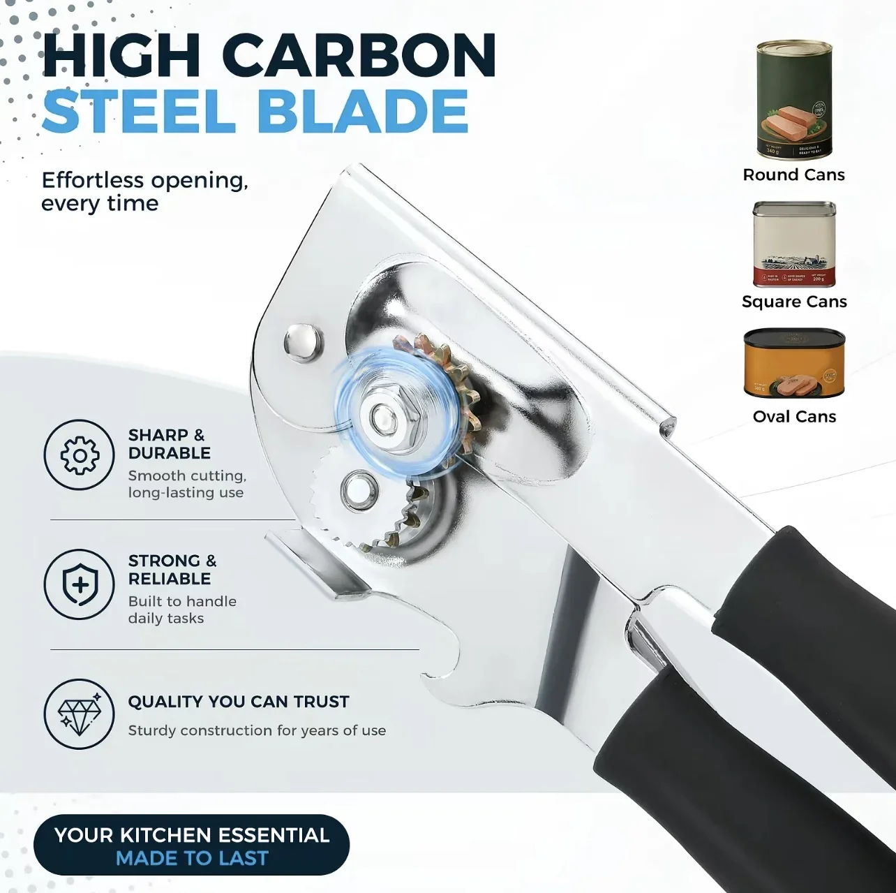 Manual 360 Degree Rotation Stainless Steel Can And Bottle Opener With Single Handle Side Opening Multi Purpose For Easy Opening