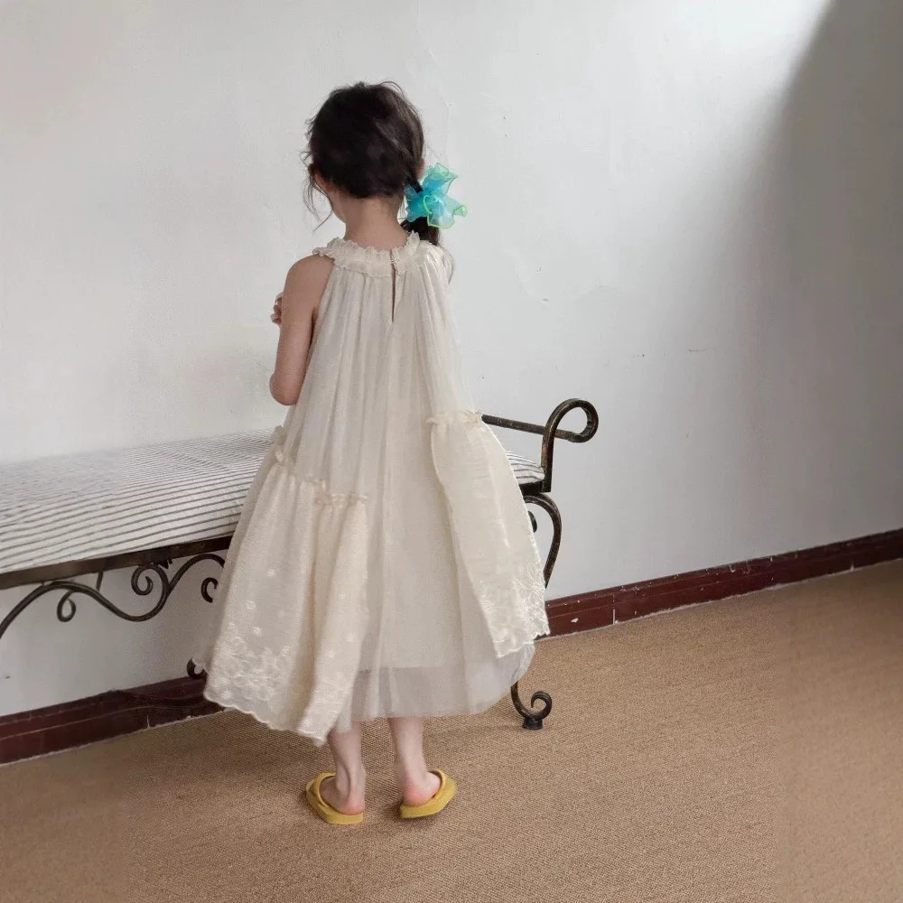 Girls' Korean dress 2026 summer new style, baby treasure lace temperament hanging neck lace temperament mesh dress