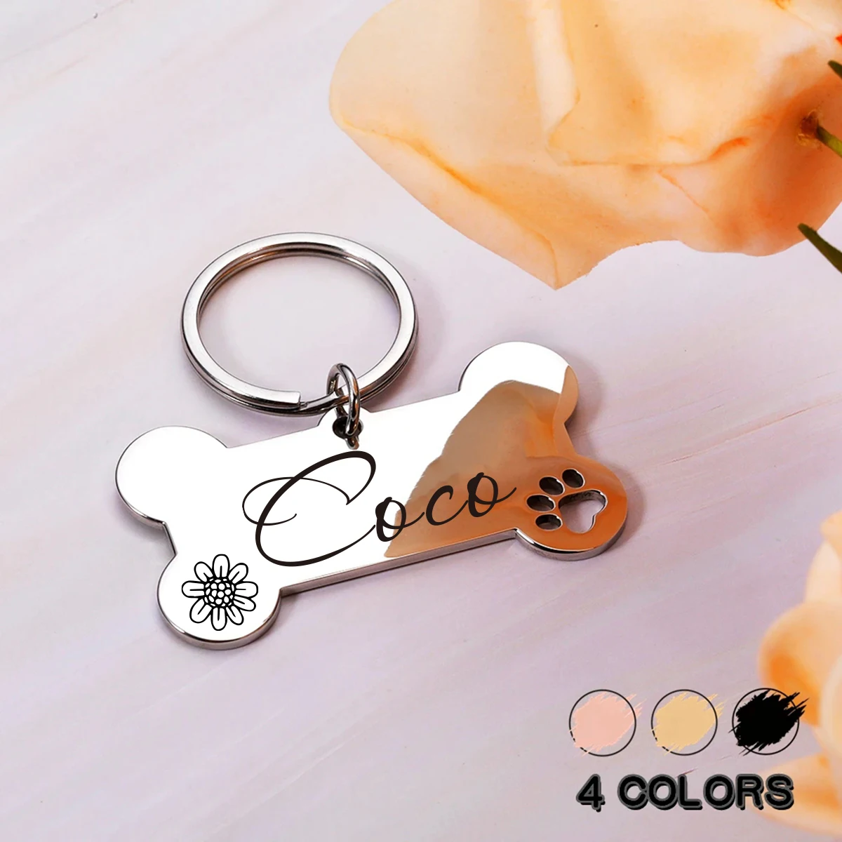 Daisy design pet ID tag, customize home contact information, bone-shaped stainless steel collar pendant, anti-lost accessory