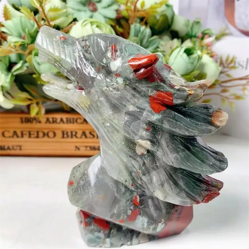 11.5CM Natural Blood Stone Wolf Head Crystal Animal Carving Gemstone Collection Healing Home Decoration Gift 1pcs