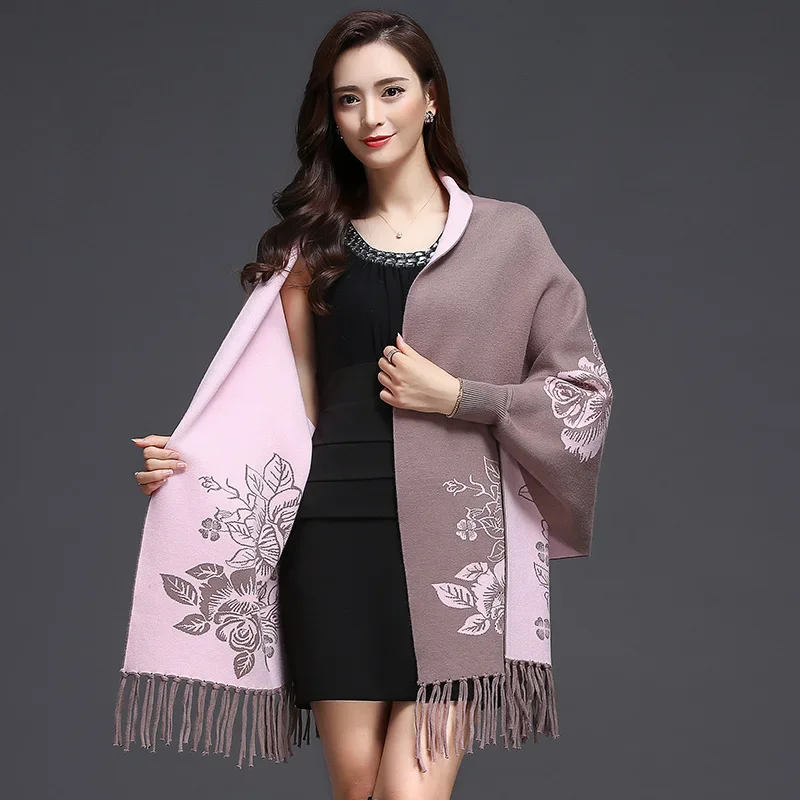 New Women Fashion Wedding Tassel Knitted Jacquard Shawl Wrap Retro Plus Size Warm Cardigan Poncho Cape Winter Sweater Coat Mujer