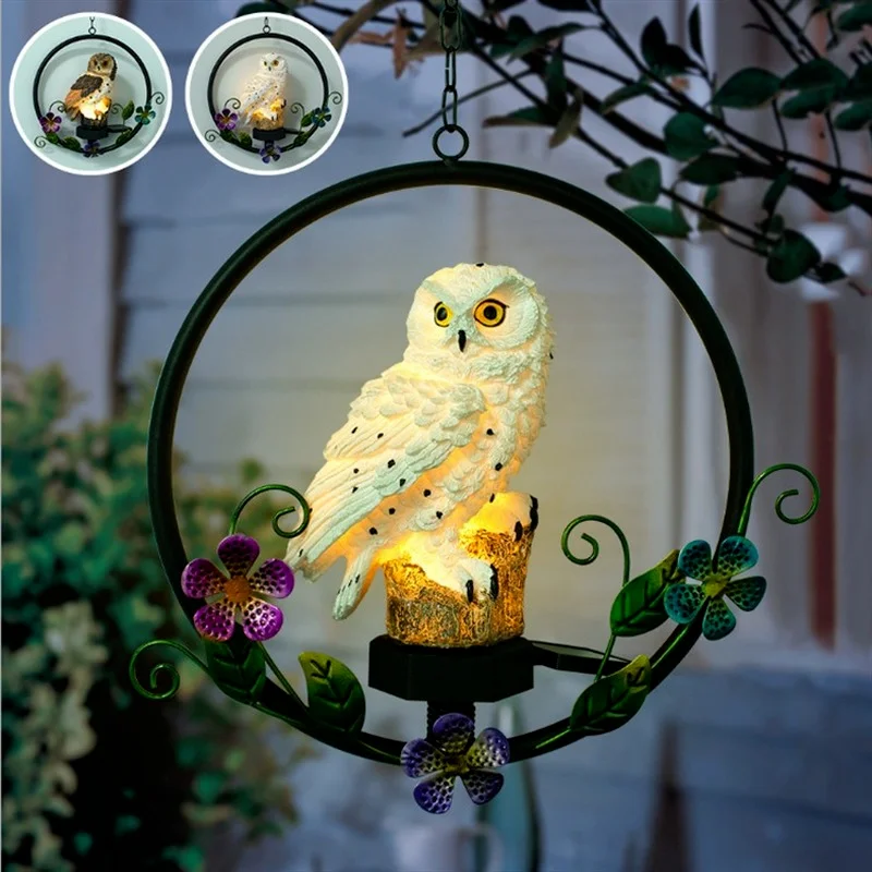 Solar Owl LED Light for Outdoor Garden, Waterproof LED Lamp, Hanging Swing, Resin Night Light, Balcony Decoration