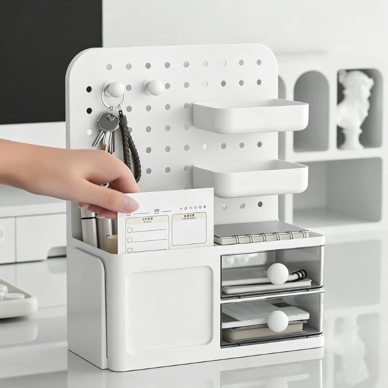 desktop-organiser-stand-with-pegboard-bookend-pen-cup-two-transparent-drawers-removable-hooks-and-storage-bins-k1kf