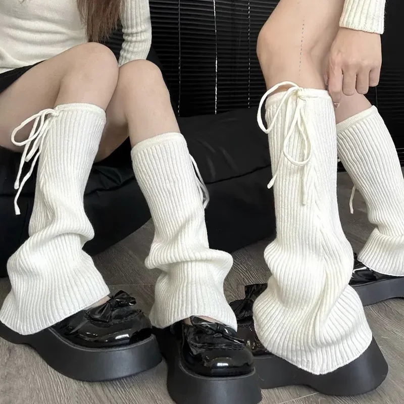

y2K Knitted Leg Warmers Side Bandage Bowknot White Grey JK Lolita Sweet Girl Kawaii Leg Cover Trendy Loose Socks