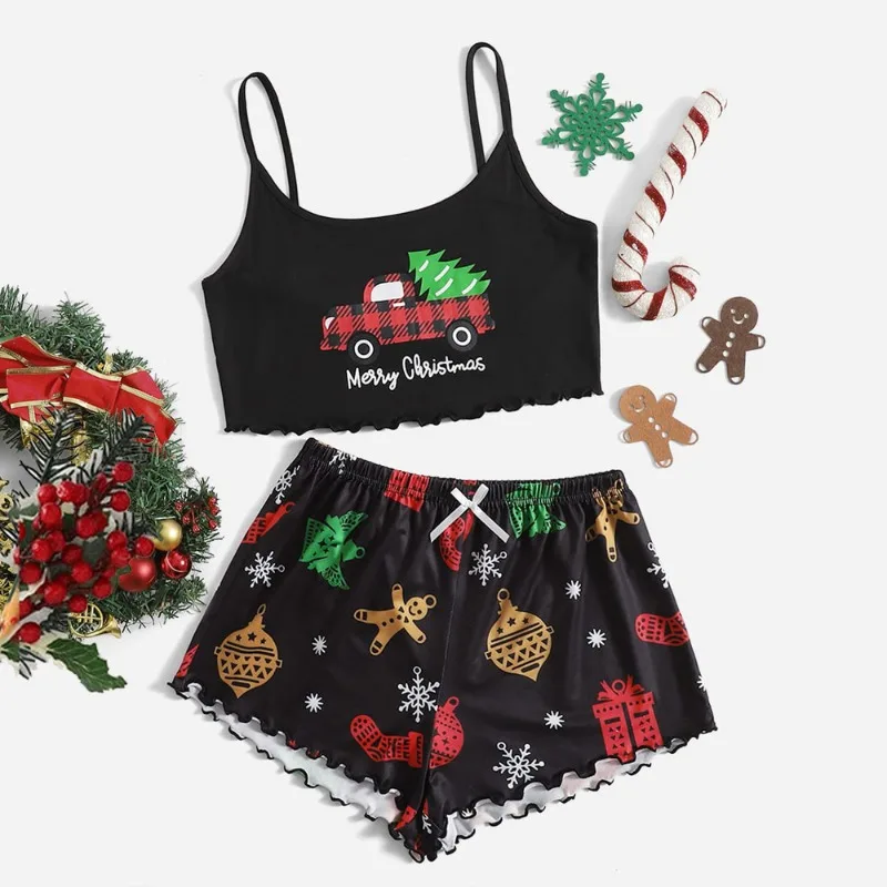 Sexy Female Christmas Pajamas, Sling Tank Top, Shorts, Snowflake Deer Loungewear Two-piece Set Pajamas for Women