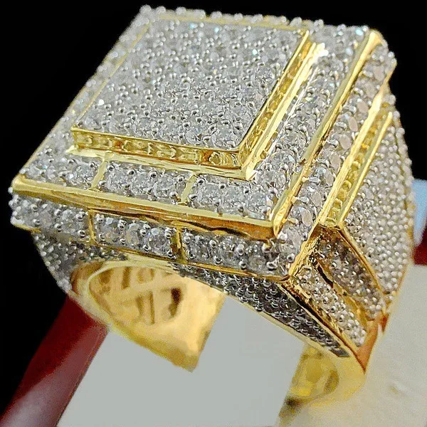 925 Sterling Silver Men's Ring Full Diamond Group Set Gold Plated Hot Selling Domineering Hand Jewelry