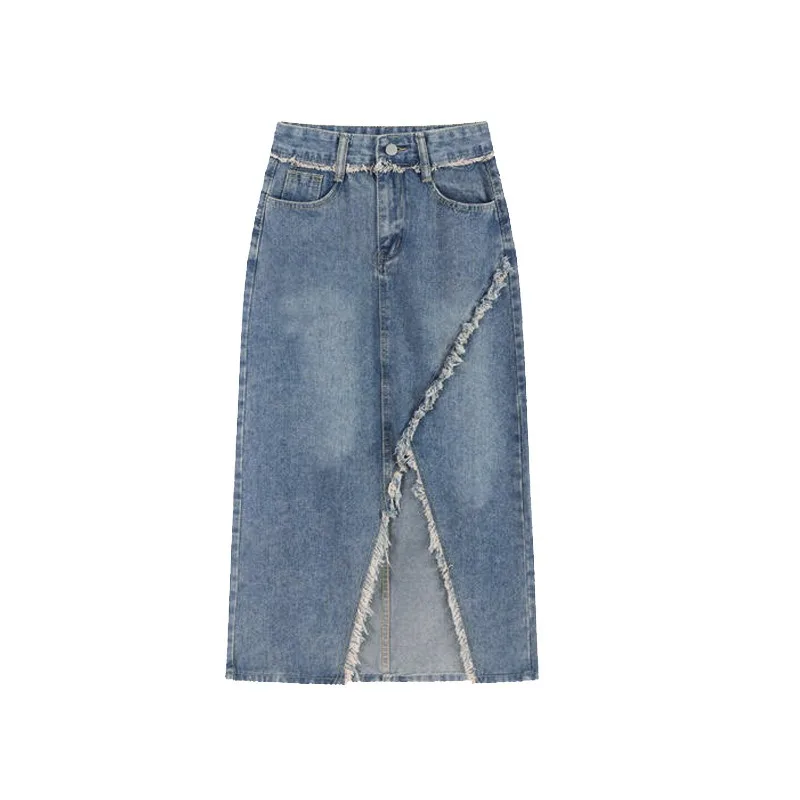 

Summer New Denim Skirt Women's Mid-length Furred Edge Slit Skirt Irregular High Waist Slimming Bag Hip Skirt Girl Woman Comfort