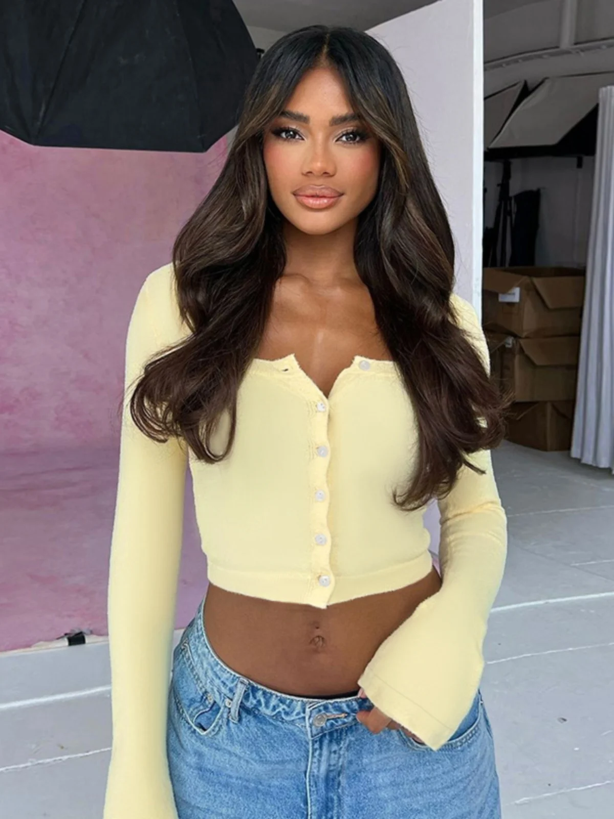 

ort Knitted Cardigan Long Sve Top Cute Sle Pure Color Polyester Fabric Button Detail Autumn Regular Thin