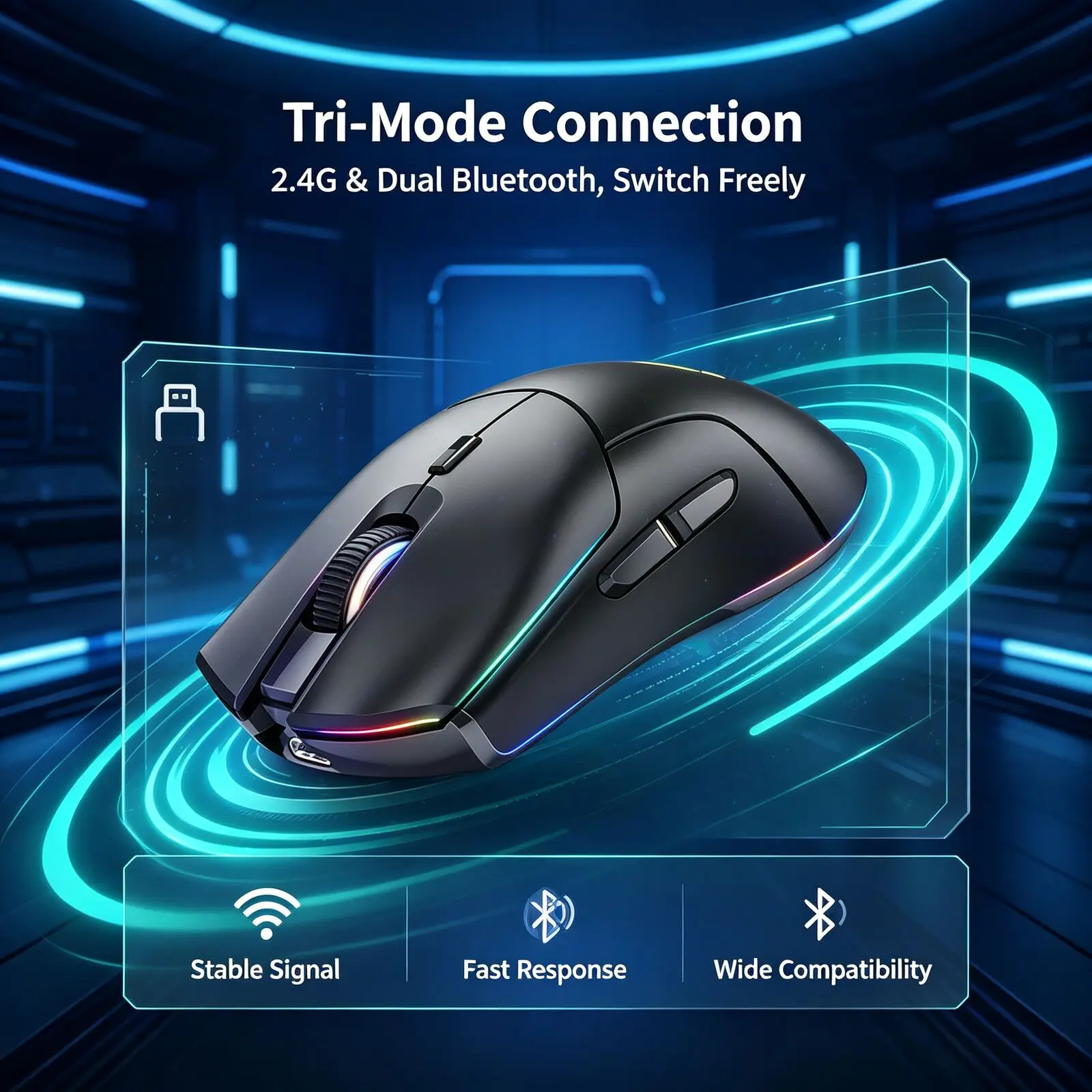 3-Mode Wireless Gaming Mouse 2.4G Bluetooth Type-C Rechargeable 83g Lightweight 4000DPI 7Buttons RGB Computer Mice for Laptop PC