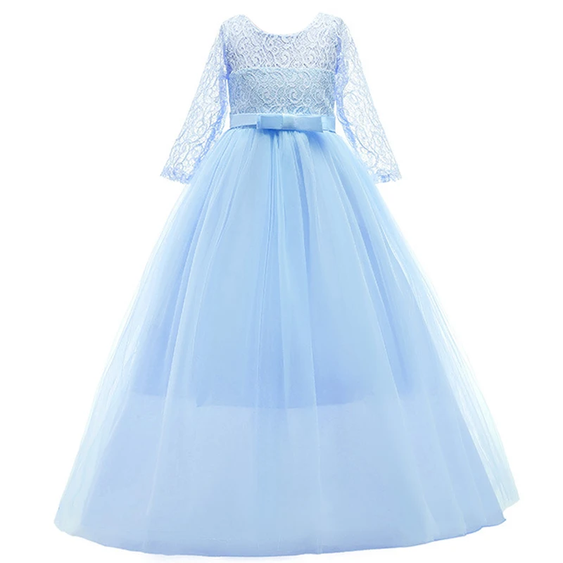 Girls' White Princess Tulle Embroidery Flower Long Sleeve Bridesmaid Dress For Wedding Birthday Carnival Party  With Bow Knot