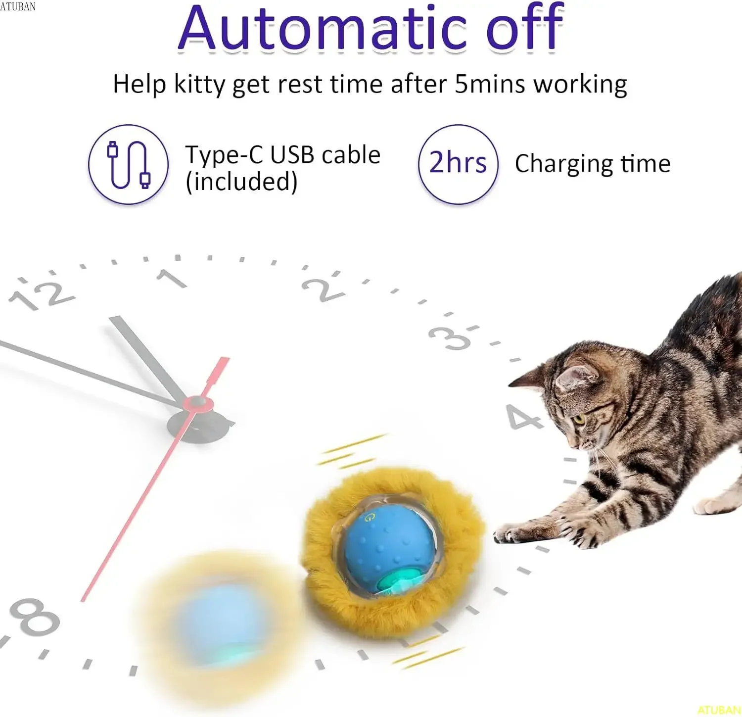 ATUBAN-pelota interactiva para gatos, juguete para gatitos que se monta rápidamente, activación de movimiento, juego para atrapar ratones