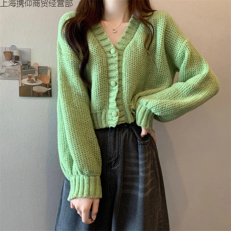 

Short Knitted Cardigan Women's High Waisted Sweater Jacket French Bottom Top Cardigan Women