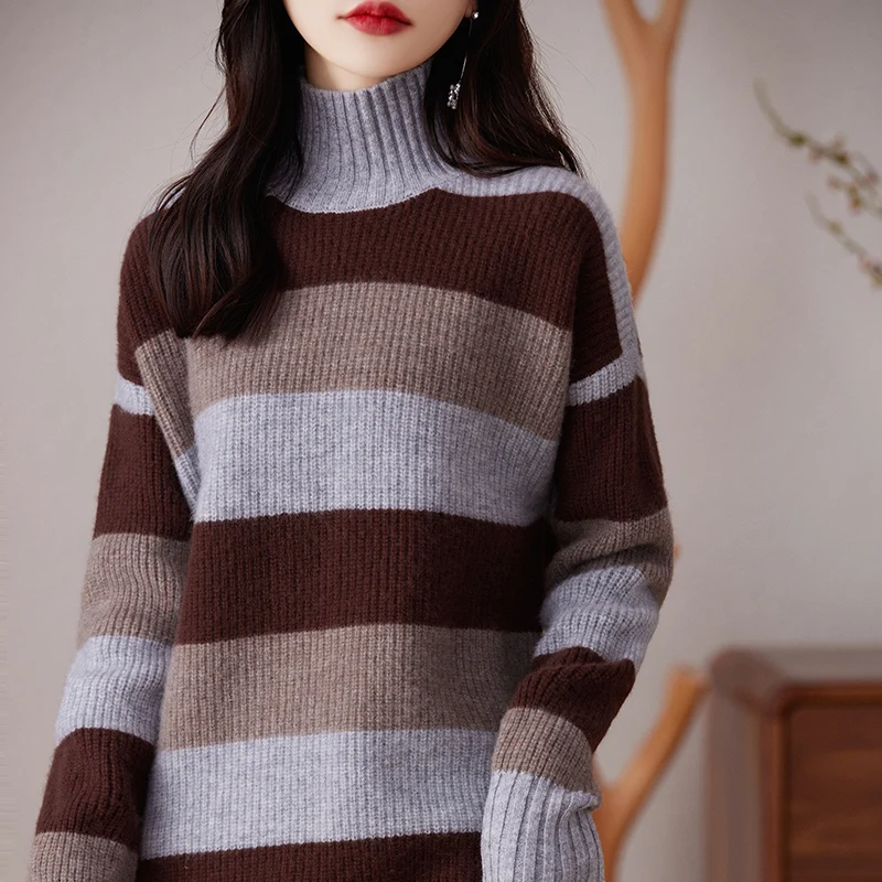 BELIARST Autumn/Winter 2023 New Women\'s Clothes 100% Merino Wool Sweater Knitted Pullover High Neck Dress Color Matching M-8159