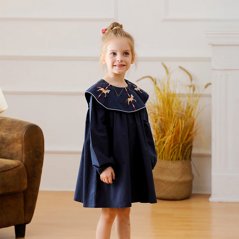 

Girls' Long-Sleeved Dress Pure Cotton Embroidered Lapel Carousel Design Autumn Edition College Children's Fashionable Dress