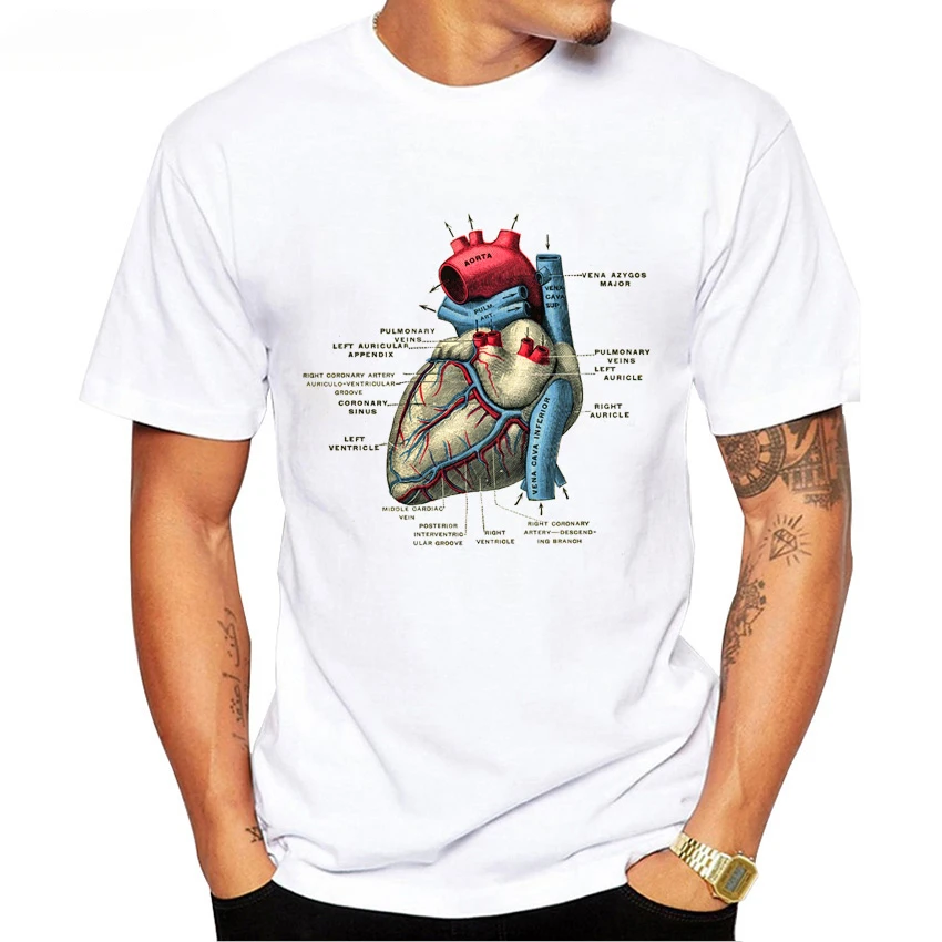 Camiseta engraçada de manga curta masculina, vintage anatomia do coração humano, tops casuais para menino, camiseta hipster branca, nova moda verão, 1902