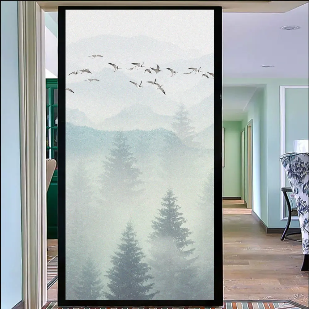 Foggy Forest Decorative Privacy Window Film Heat Control UV Blocking Window Stickers No Glue Static Cling Frosted Windows Film