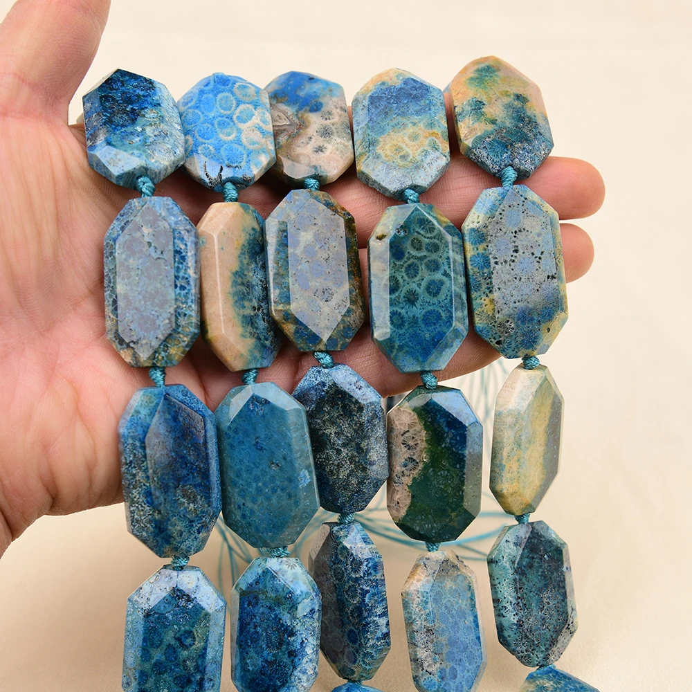 

APDGG Natural Blue Chrysanthemum Stone Coral Jade Big Faceted Chunky Slice Loose Beads 17" Strand Jewelry Making DIY Accessory