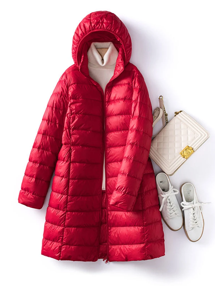 2023 Autumn Winter Slim Hat Detachable White Duck Down Coat Women Portable Outerwear 90% Ultra-light Long Female Down Jacket