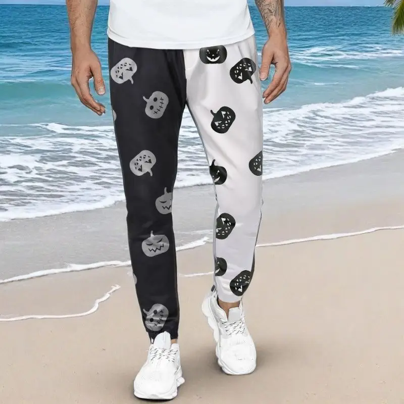 

Y2K Men's Black White Patch Stich Cargos Pants Man New Halloween Pumpkin Print Gym Trousers Fitness Streetwear Pantalones Hombre