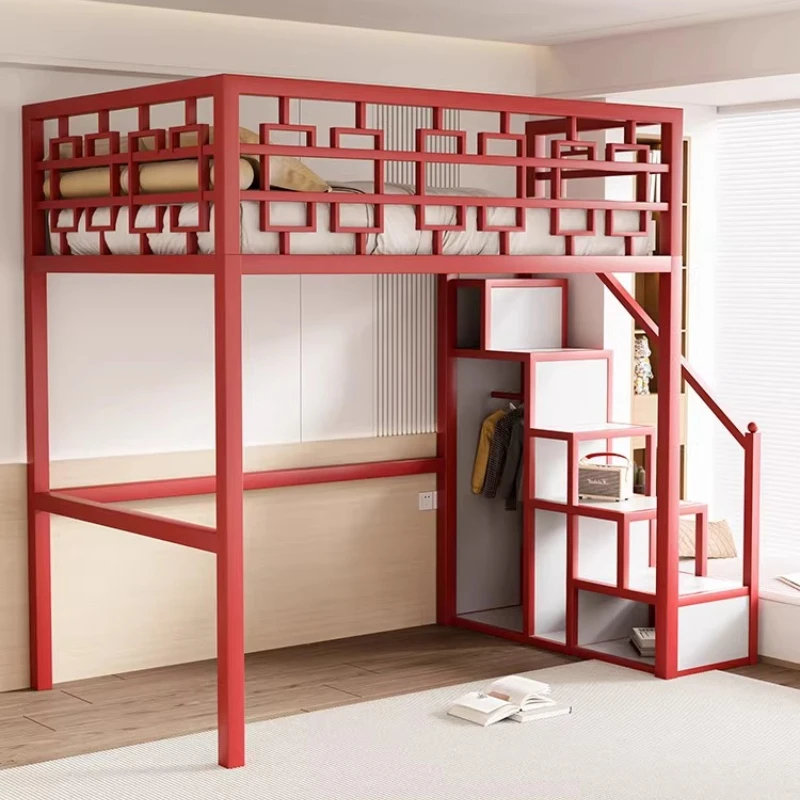 Chinese raised bed, duplex, second floor bed, loft-style wrought iron sheet, upper floor, lower table, combination bed, lower