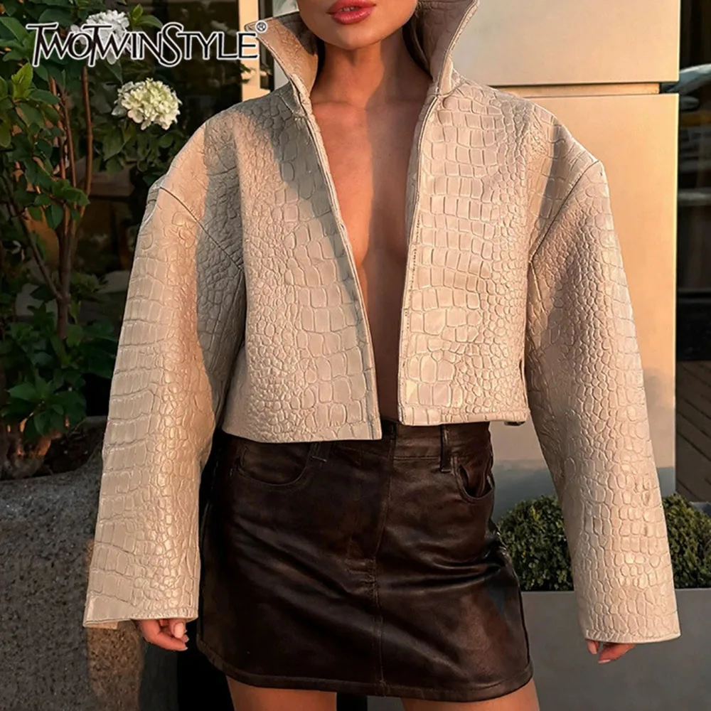 TWOTWINSTYLE Modern Crocodile Embossed Women Jackets Stand Collar Long Sleeve Fit Jacket for Weekend Night Out Occasion Fashion