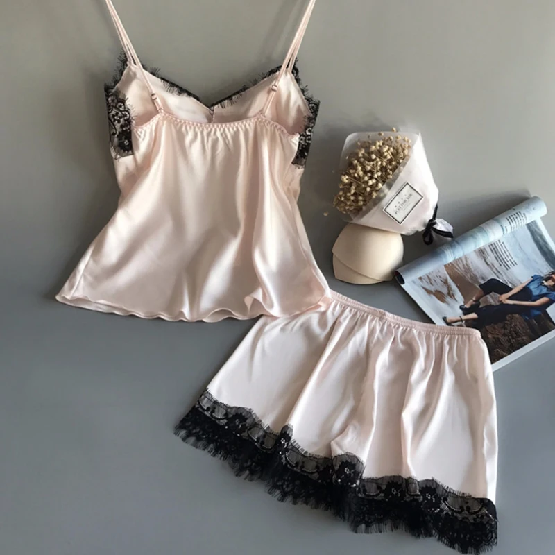 Summer Sleepwear Women's Sexy Lingerie Lace Satin Pajama Sets Nightwear Sleeveless Tops+Shorts 2 Pcs Sets Pyjama Sets