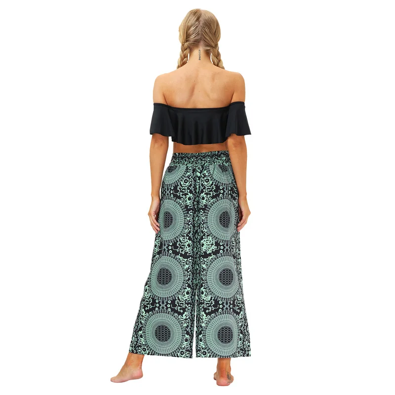 Women Casual Slit Wide Leg Pants Boho Yoga Pants Hippie Bohemian Pilate Summer Beach Trousers Elastic Closure High Waist Baggy