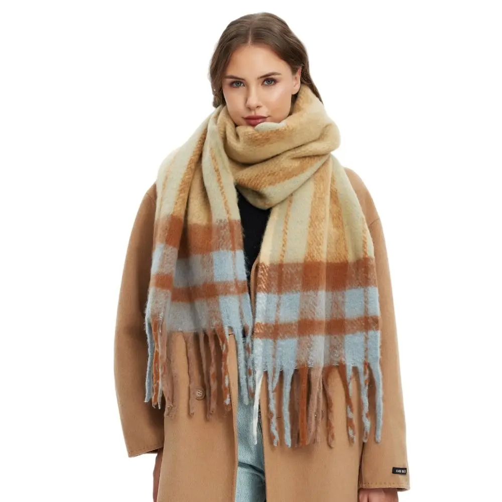Simple Mohair Plaid Wool Scarf Plush Long Rainbow Tassel Shawl Preppy Thick Women Cape Women/Men