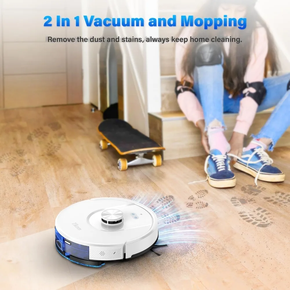 LiDAR-Navigation Robotic Vacuum, Robot Vacuum and Mop, 20 paredes virtuais, bom para pêlos de animais, tapete, piso duro, branco