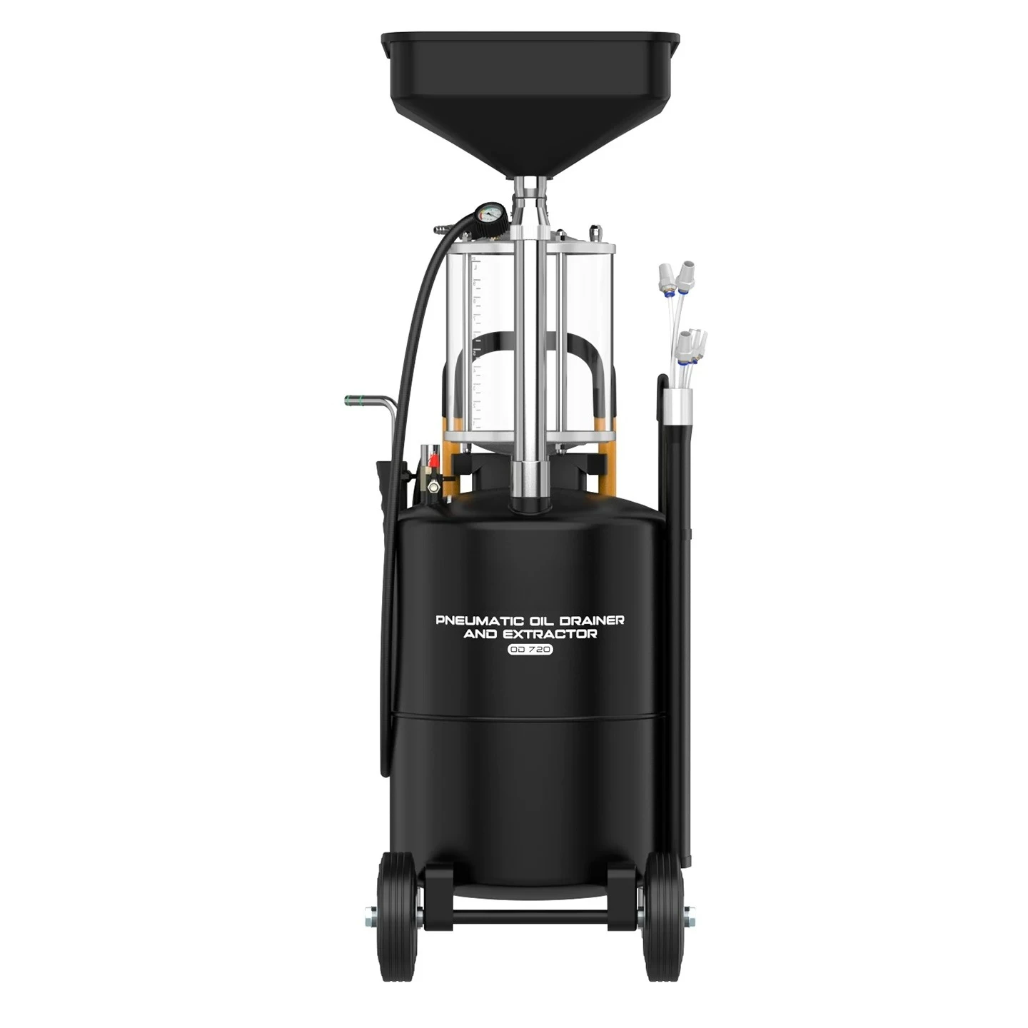 Automobile pumping engine receiving pneumatic waste recycler tank, auto repair and maintenance