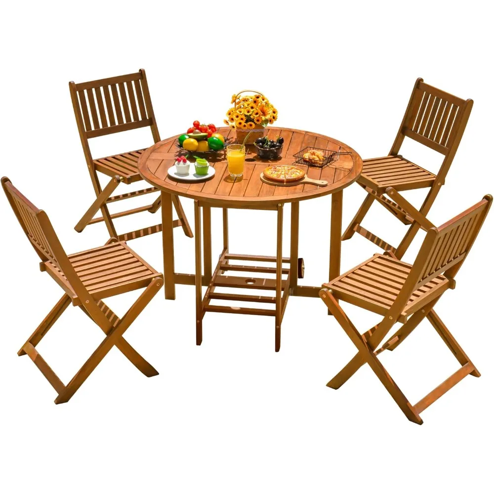 

5 PCS Patio Furniture, Patio Dining Set Acacia Wood Outdoor Table and Chairs, with 4 Folding Chairs and 37" Round Movable Table