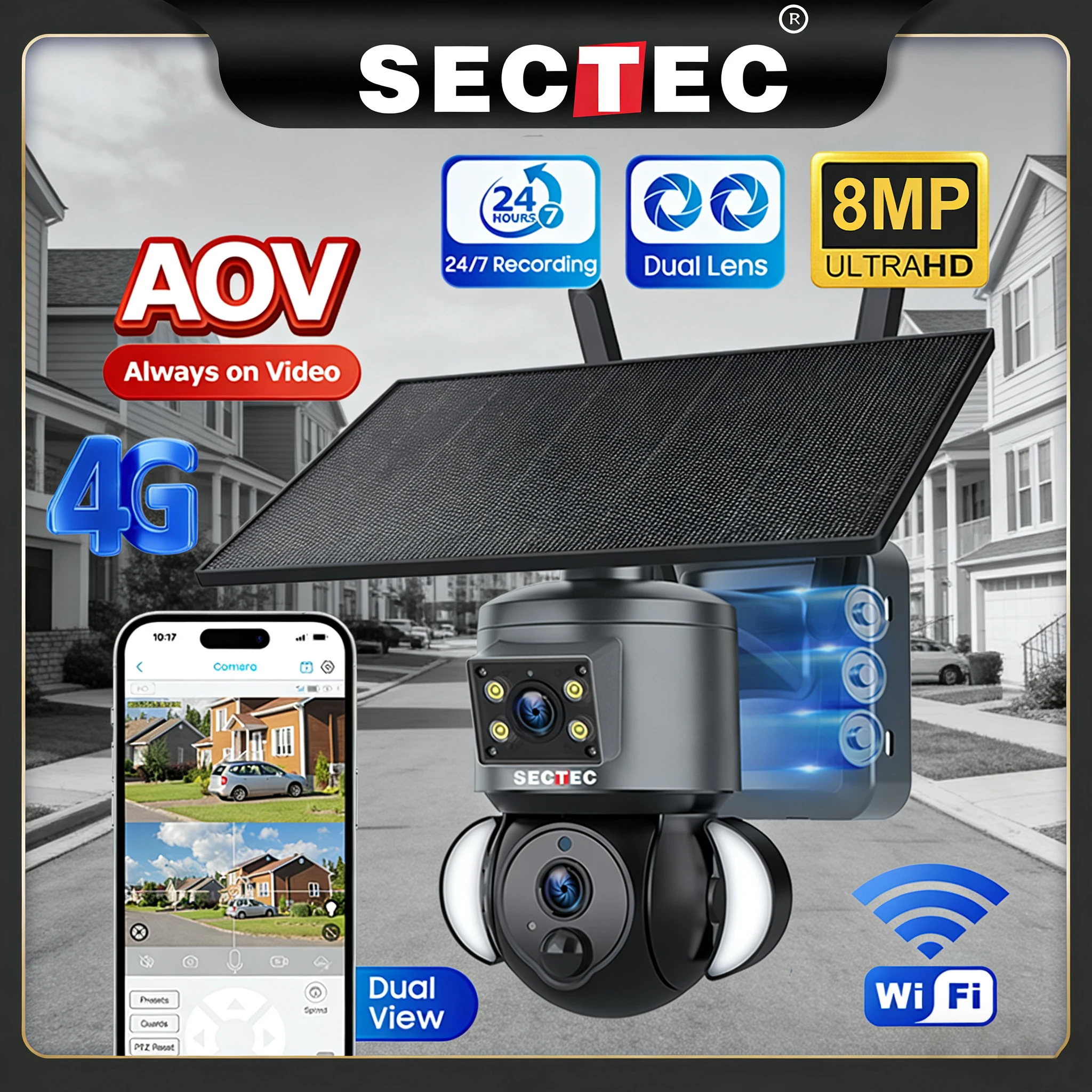 

Sectec 8MP 4G/Wi-Fi PTZ двойной экран AOV солнечная камера уличная 4K 24/7 запись 50 м расстояние обнаружения камера безопасности Ubox pro